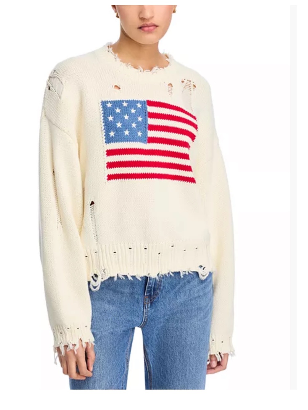Denimist Ivory Distressed Crewneck Sweater with Flag Motif - Small